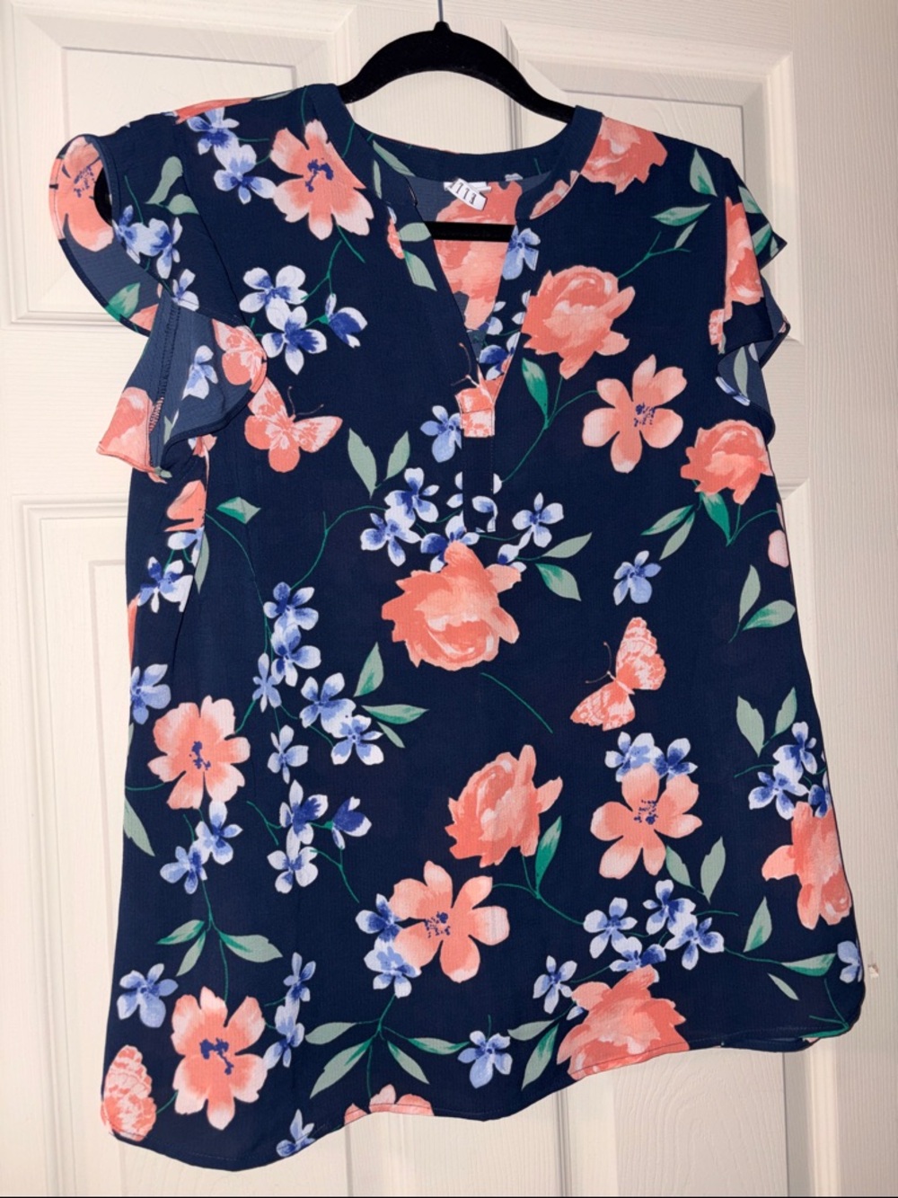 Elle Navy Floral V-Neck Flutter Sleeve Blouse